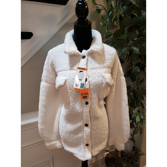 32 Degrees Heat Sherpa Jacket White Fuzzy Button Front XL/XXL Cozy Winter Warm - Picture 2 of 13